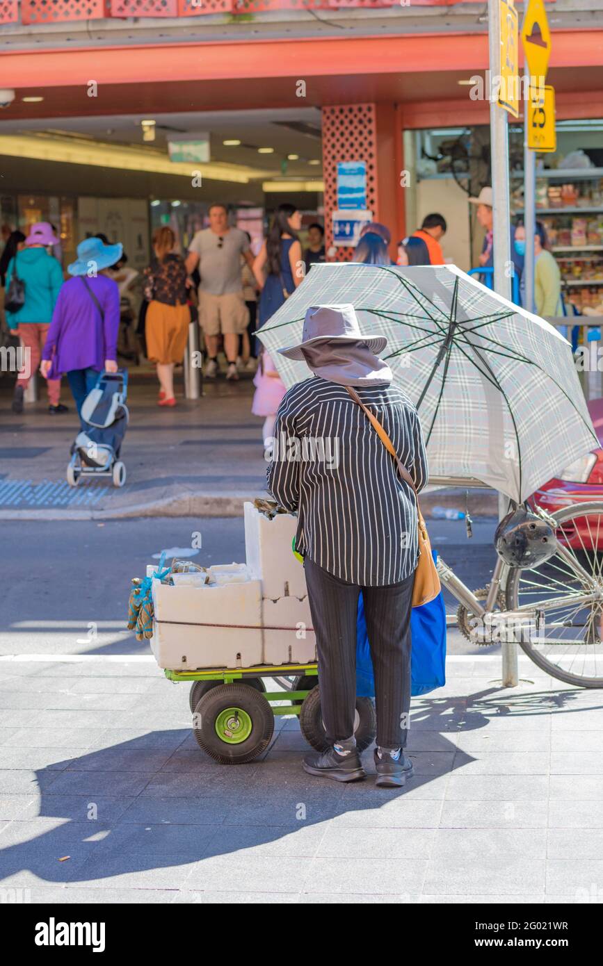 Una donna australiana vietnamita più anziana con un carrello mobile, commercio illegale di strada che vende verdure nel sobborgo di Sydney di Cabramatta NSW Aust. Foto Stock