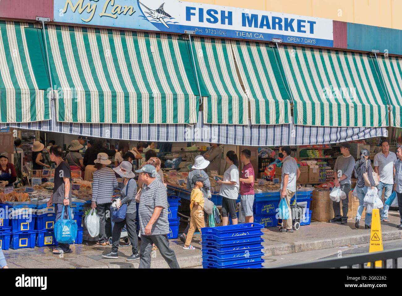 Le grandi tende avvolgibili proteggono i frutti di mare freschi nei negozi e un mercato all'aperto nel sobborgo di Sydney di Cabramatta New South Wales, Australia Foto Stock