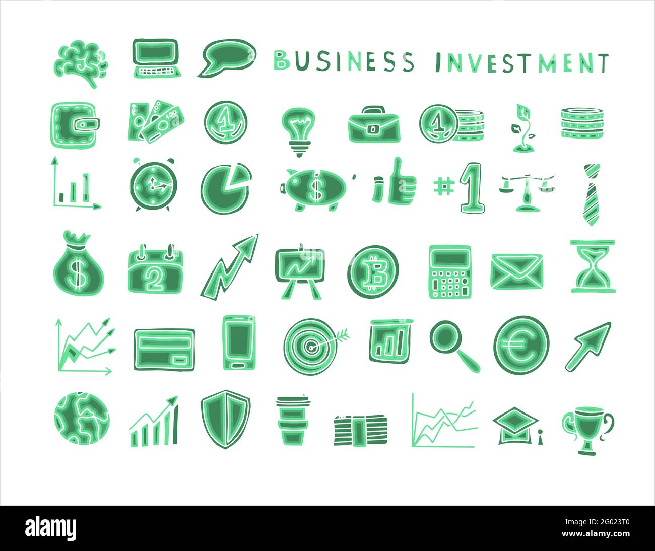 Icone di investimento finanziario. Icone finanziarie vettoriali disegnate a mano. Un grande set di immagini per il business. Illustrazione Vettoriale