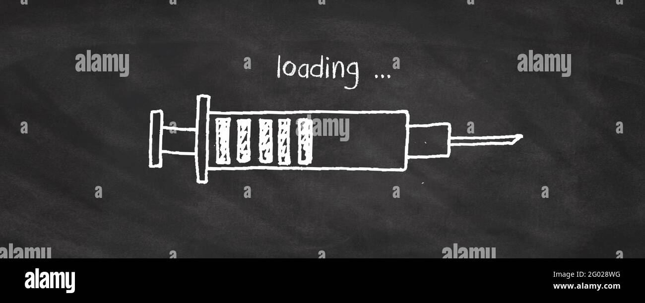 Banner / intestazione del processo di vaccinazione di Covid 19 illustrato su una lavagna nera Foto Stock