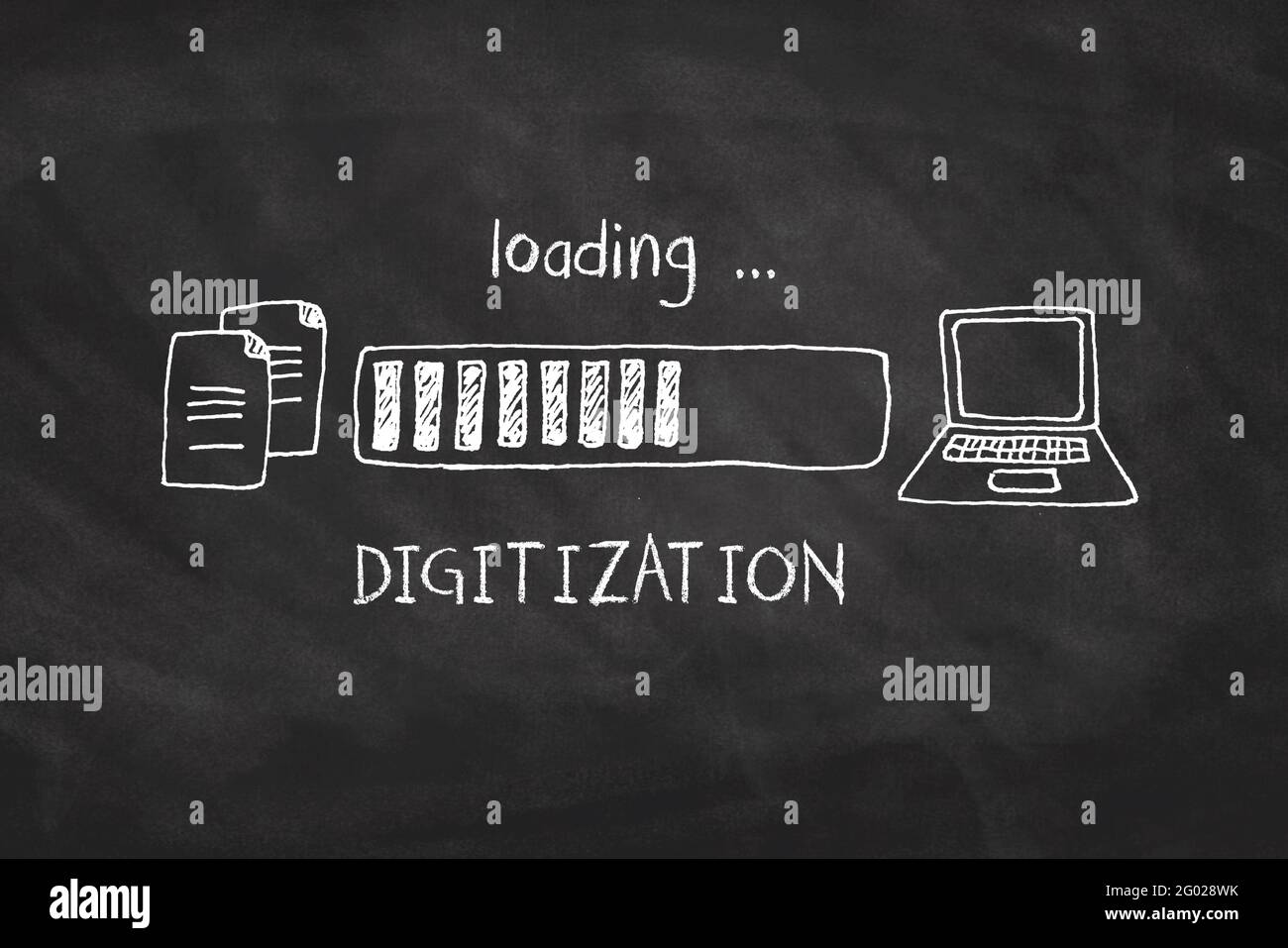 Intestazione con un concetto che simbolizza la digitalizzazione - conversione di file cartacei a quelli digitali come una barra di caricamento tracciata su un lavagna Foto Stock
