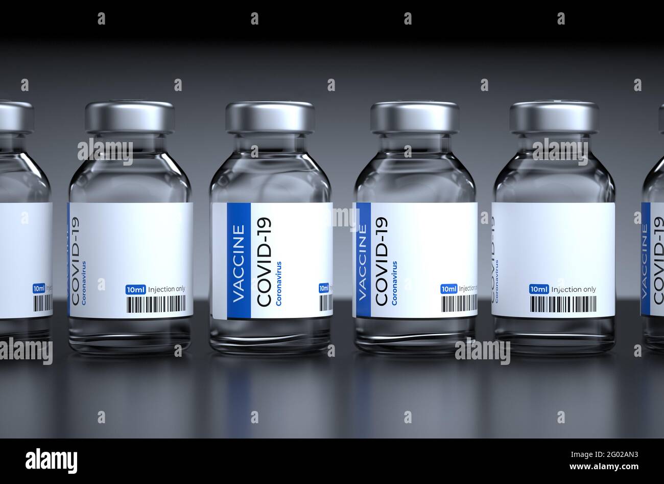 Concetto di vaccinazione COVID-19. Covid-19 Corona Virus 2019-ncov vaccino flaconi iniettabile. Vaccinazione, immunizzazione, trattamento per curare l'infezione da virus Corona Covid 19. Rendering 3D. Foto Stock