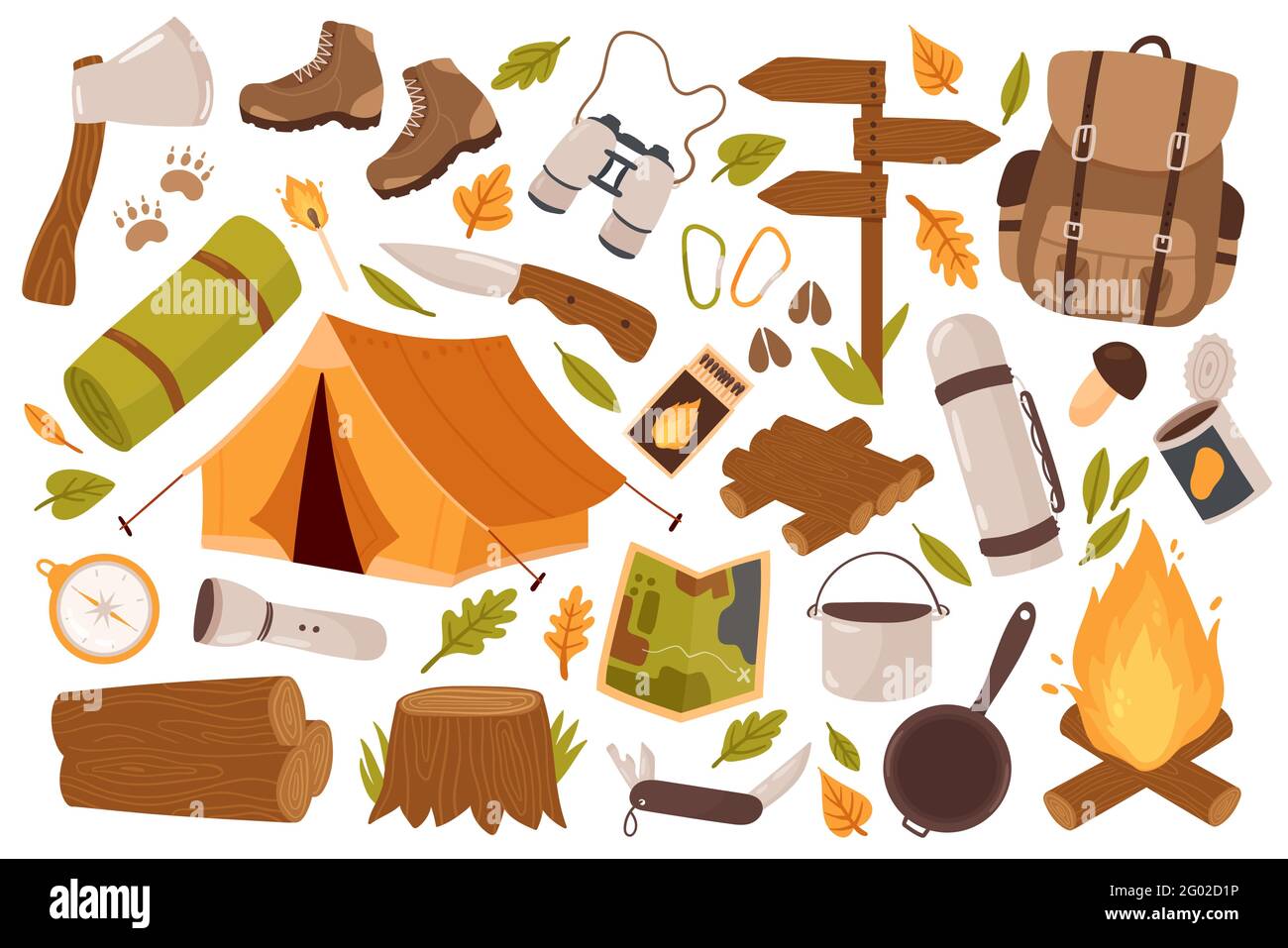 Campeggio, attrezzatura escursionistica per i turisti trekking set di illustrazioni vettoriali. Cartoon estate campo di viaggio collezione di strumenti per la sopravvivenza in selvaggio, zainetto tenda ascia stivali bussola falò isolato su bianco Illustrazione Vettoriale