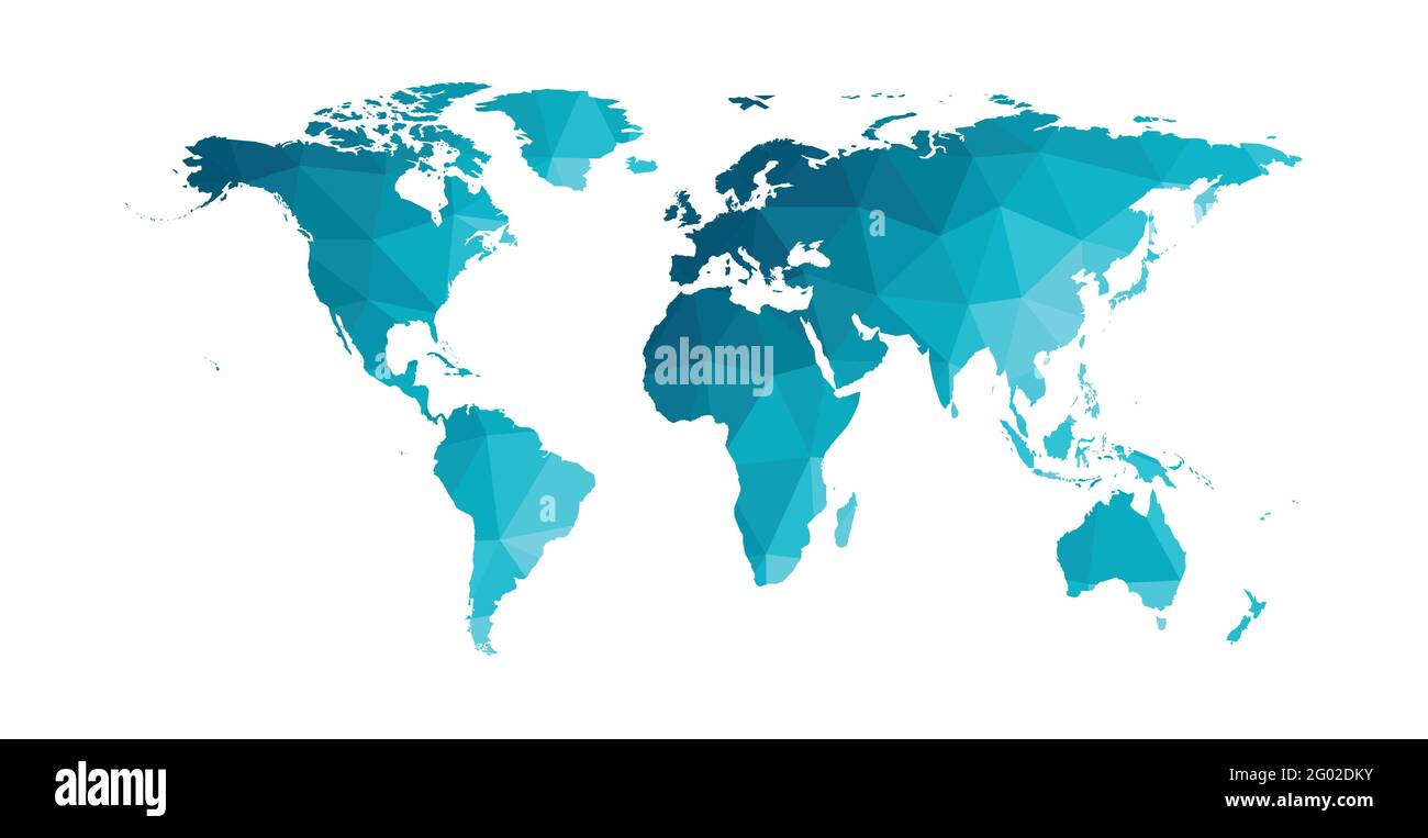 Mappa mondiale semplificata isolata da vettori. Silhouette sfumate blu, sfondo bianco. Tipo poly basso. Continenti del Sud e del Nord America, Africa, Euro Illustrazione Vettoriale