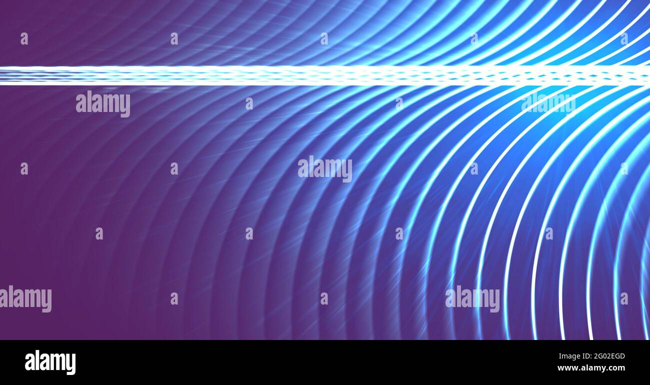 Composizione di una catena luminosa di luce bianca su curve parallele blu incandescenti su sfondo viola Foto Stock