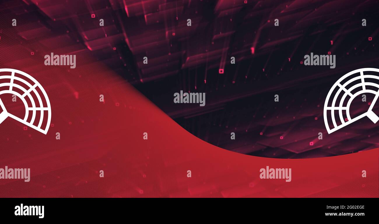 Composizione di due icone di antenna bianche con frammenti di rosso scuro su sfondo rosso Foto Stock