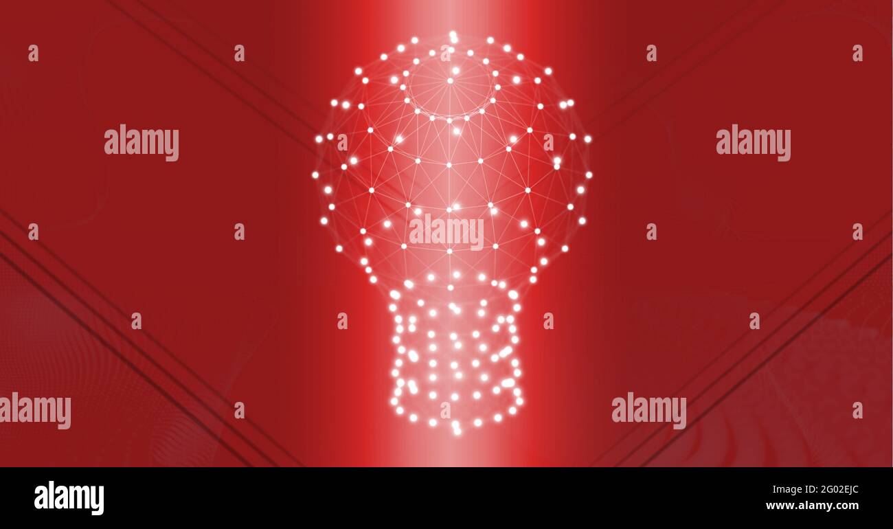 Composizione di lampadina formata con rete di connessione su sfondo rosso Foto Stock