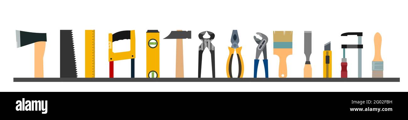 Utensili da costruzione. Logo, etichetta. Telaio inferiore. Per lavori come pittore, falegname, costruttore, artigiano. Servizi di riparazione e costruzione. Vendita di attrezzi. A Illustrazione Vettoriale