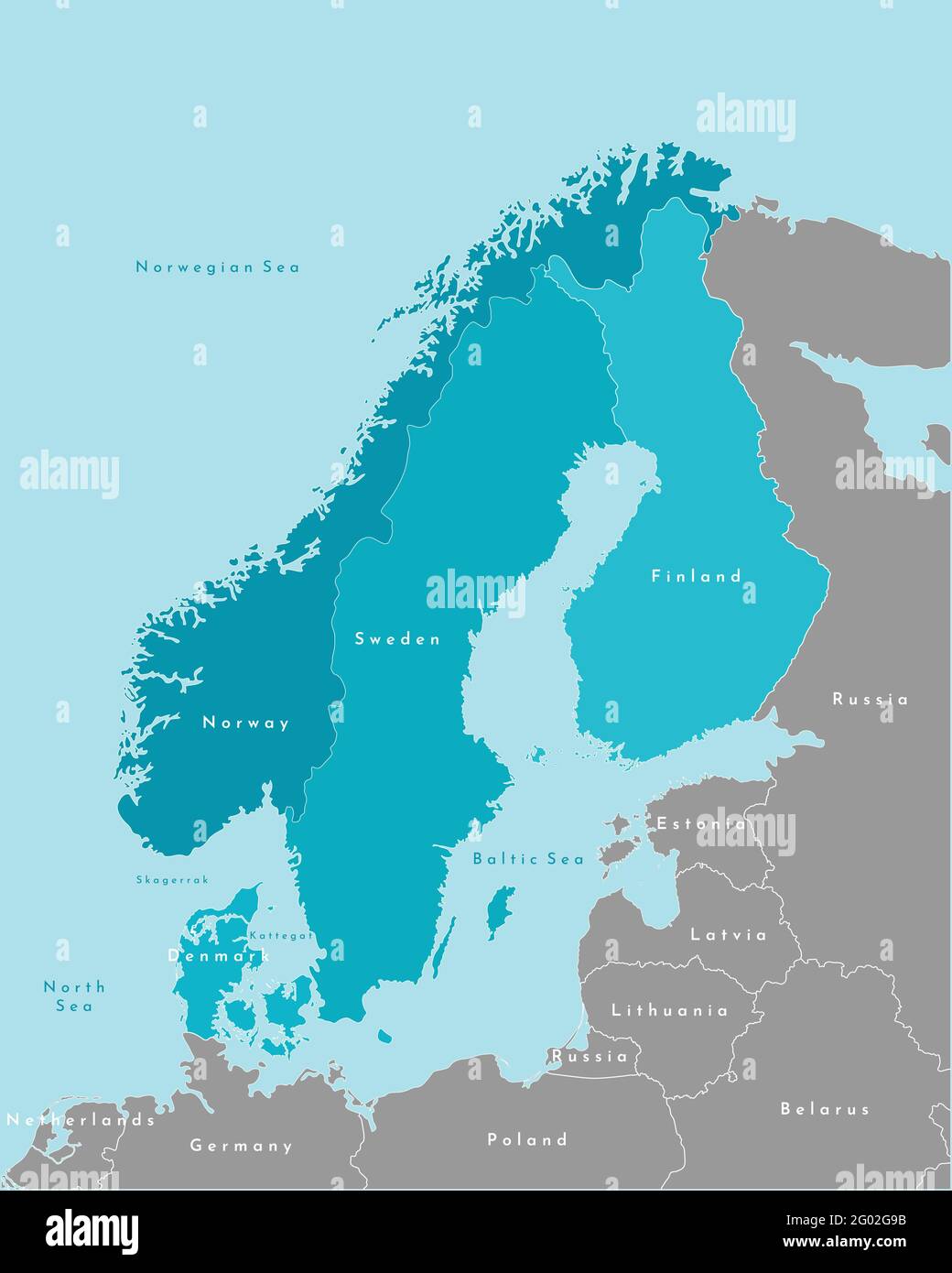 Illustrazione vettoriale isolata. Mappa politica semplificata dei paesi scandinavi e dell'europa settentrionale in blu (Svezia, Finlandia, Norvegia, Danimarca) Illustrazione Vettoriale