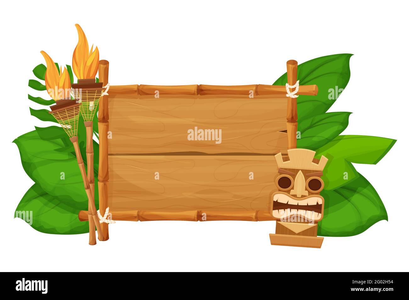 Maschera tribale hawaiana Tiki, statuetta con volto umano su cornice di bambù con pergamena, torcia in stile cartoon decorato esotico, foglie di palma isolate su sfondo bianco. Dio dall'antica cultura delle Hawaii. . Illustrazione vettoriale Illustrazione Vettoriale