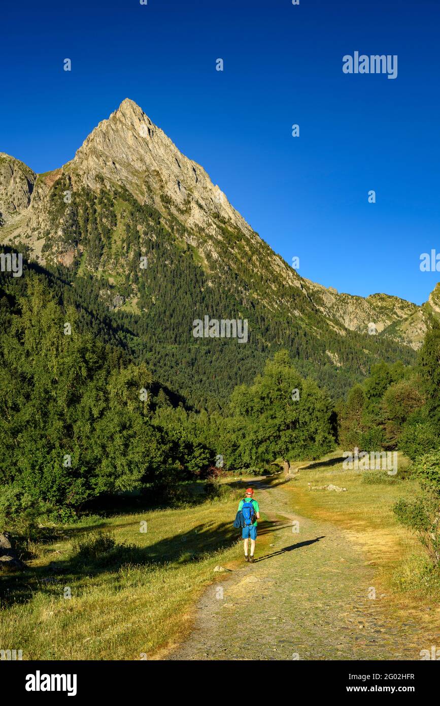 Montagna Encantats visto dall'ingresso del Aigüestortes e del Parco Nazionale Estany de Sant Maurici (Catalogna, Spagna, Pirenei) Foto Stock