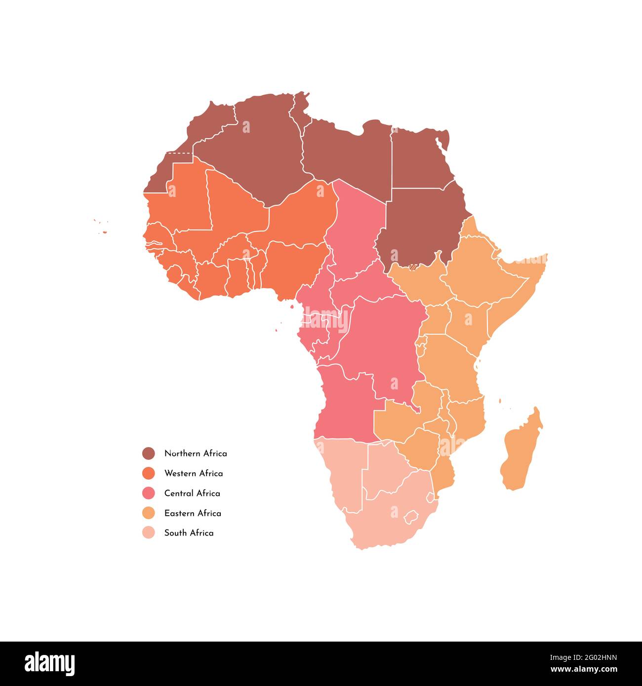 Vettore isolato illustrazione con continente africano con contorni bianchi di tutti gli stati. Mappa semplificata delle regioni africane. Sfondo bianco. Bro Illustrazione Vettoriale
