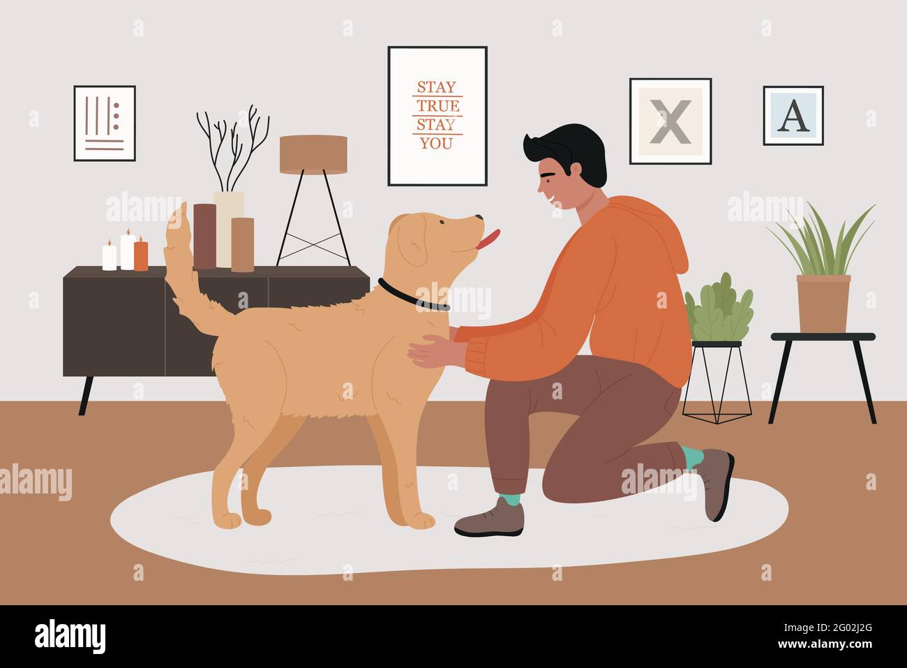 Uomo animale domestico proprietario con illustrazione del vettore amico del cane giocoso. Cartoon sorridente personaggio ragazzo che gioca con doggy in accogliente casa soggiorno interno, felice amicizia con cucciolo di sfondo animale domestico Illustrazione Vettoriale