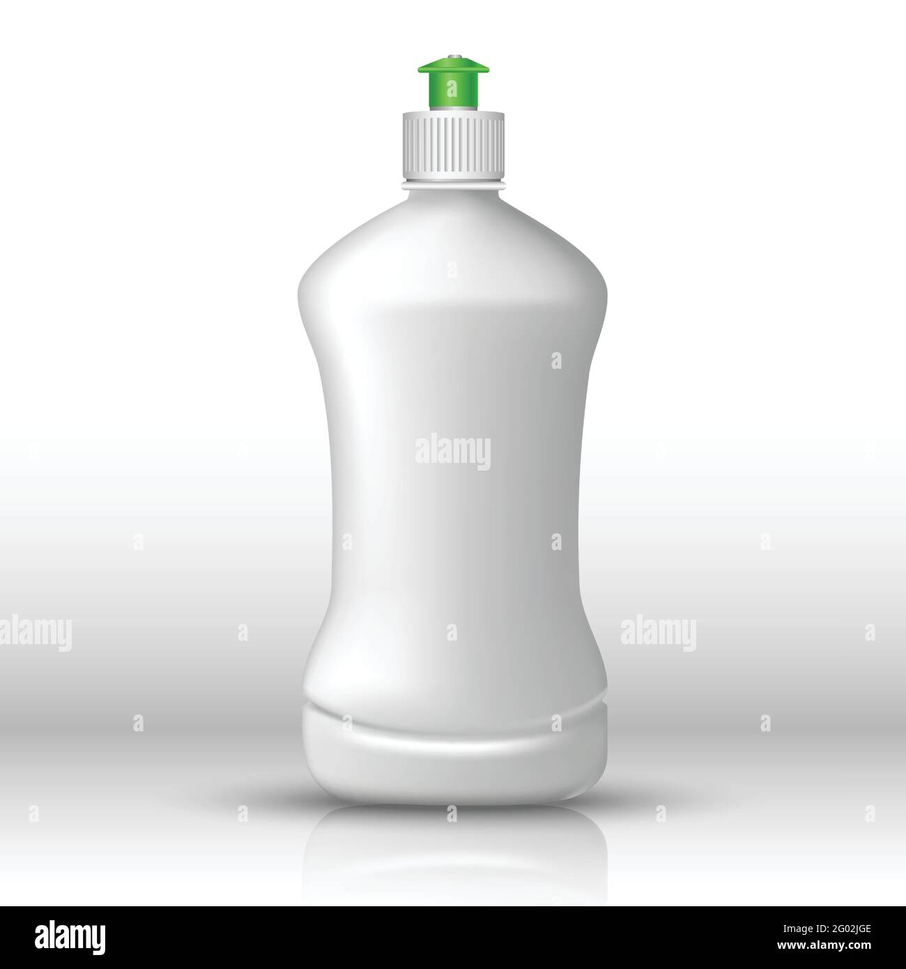 flacone bianco vettoriale realistico di liquido lavapiatti con tappo verde. Icona isolata su sfondo bianco. Illustrazione Vettoriale