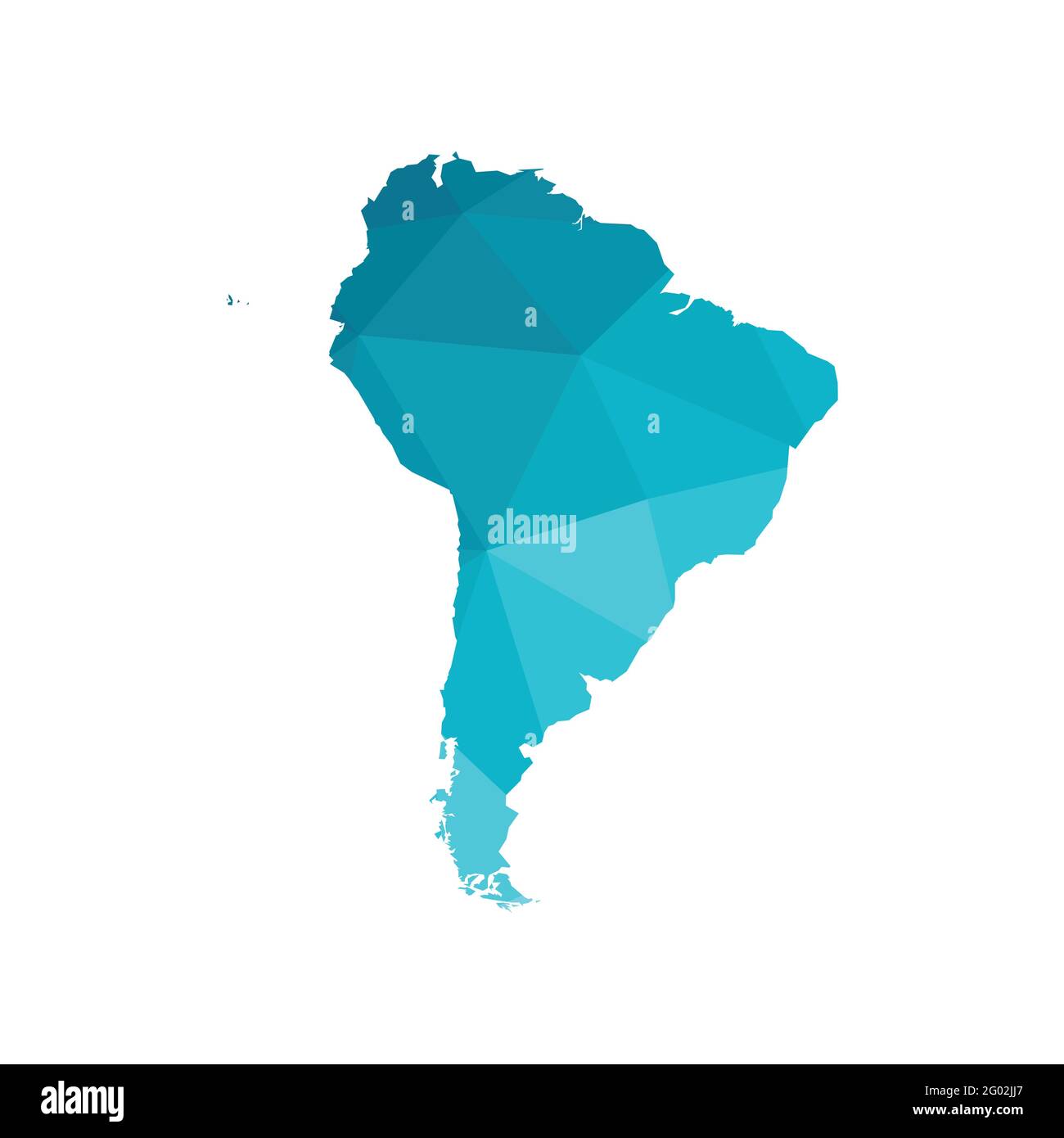 Illustrazione moderna vettoriale con mappa semplificata del continente sudamericano. Colori sfumati blu, silhouette poly triangolari basse, sfondo bianco Illustrazione Vettoriale