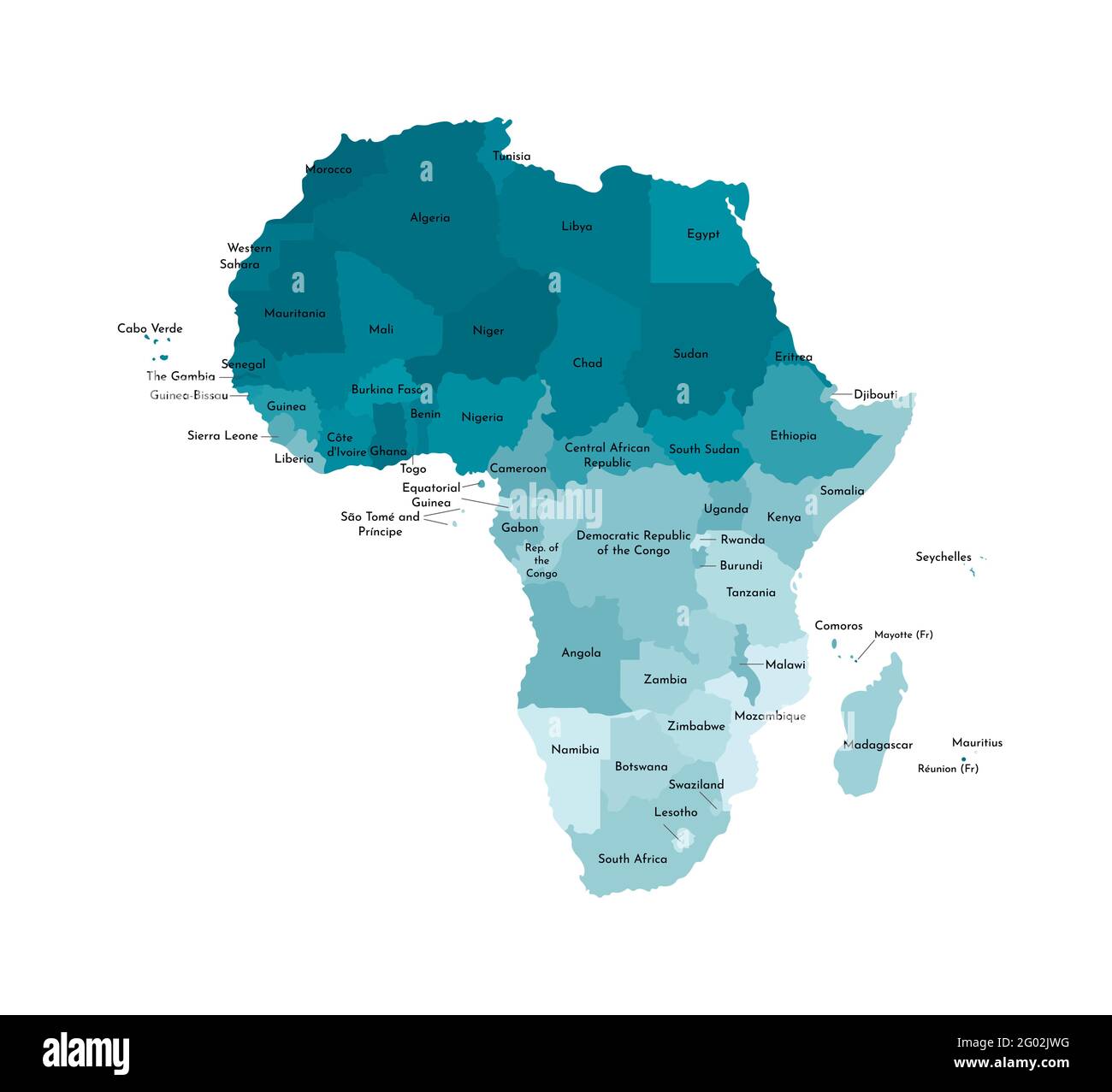 Vettore isolato illustrazione con continente africano con frontiere e nomi di tutti gli stati. Mappa politica. Sfondo bianco e contorni, forme blu Illustrazione Vettoriale