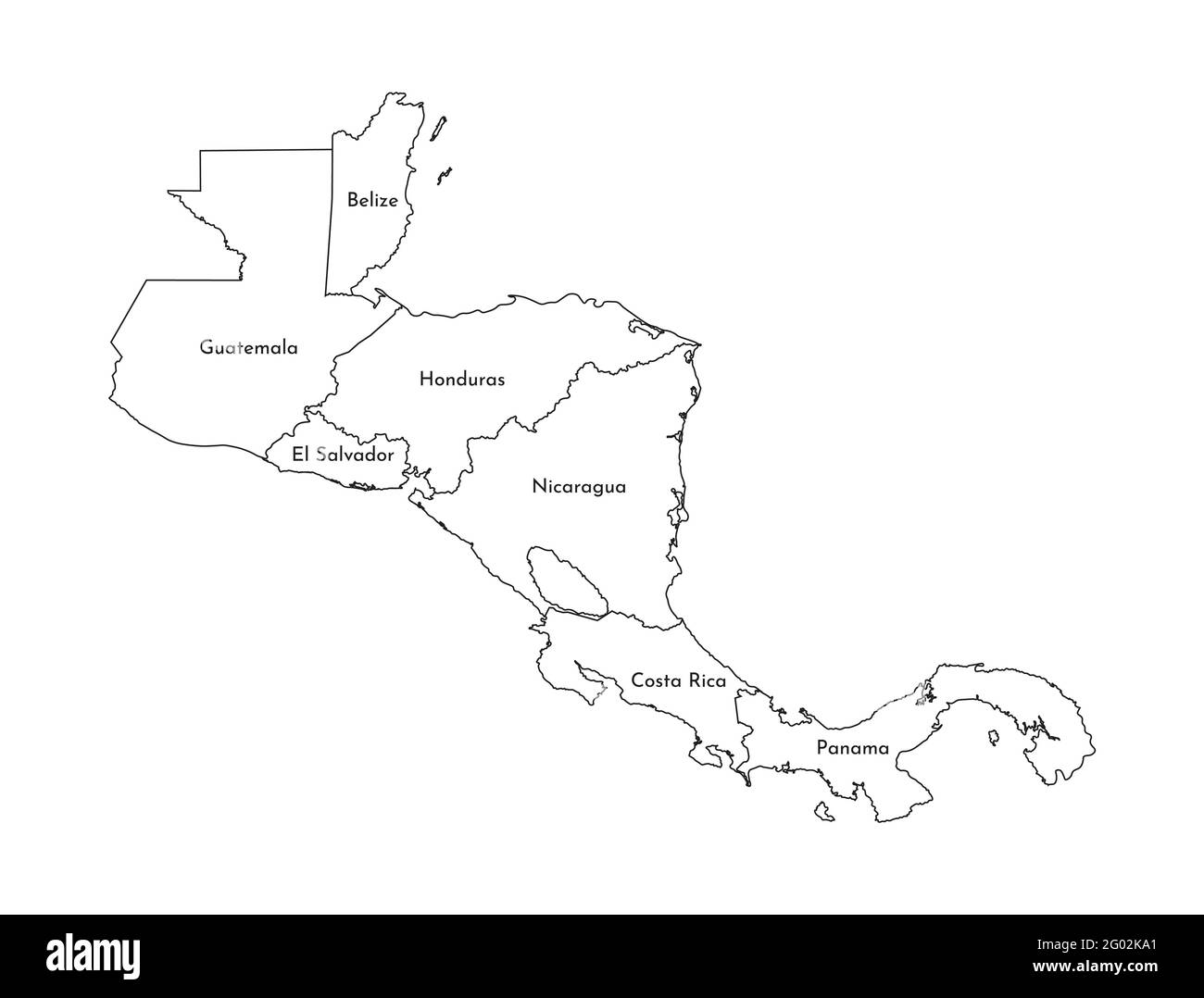 Illustrazione vettoriale con mappa semplificata dell'America Centrale. Linee nere del bordo degli stati. Sfondo bianco. Illustrazione Vettoriale