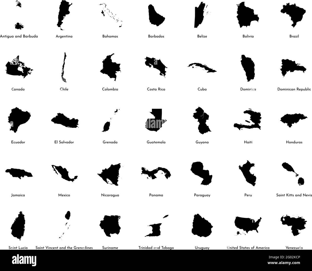 Set di illustrazioni vettoriali con mappe semplificate di tutti gli stati del Sud, del Nord e dell'America centrale (paesi). Silhouette nere, sfondo bianco. Alfabeto Illustrazione Vettoriale