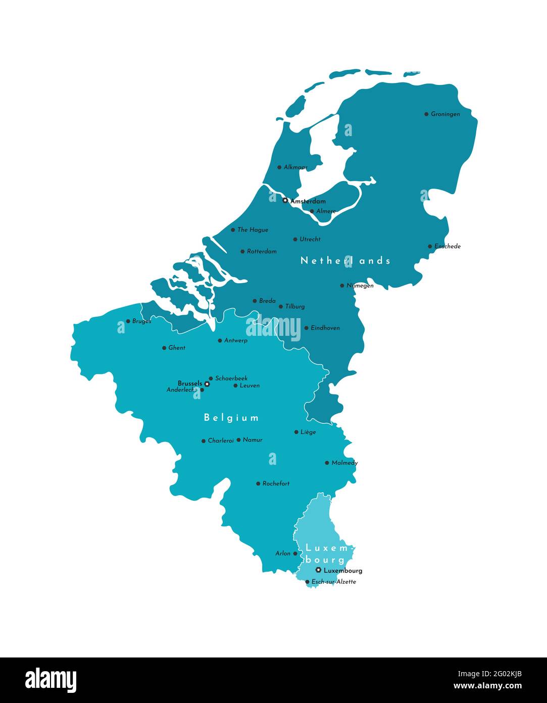 Vettore moderno illustrazione isolata. Mappa politica semplificata degli stati dell'Unione Benelux. Forme blu. Nomi delle più grandi città del Belgio, Paesi Bassi Illustrazione Vettoriale