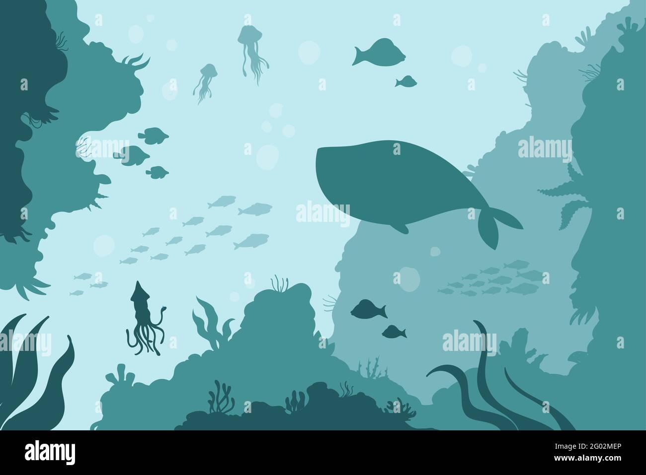 Fondo marino sottomarino con calamari meduse balena vettore illustrazione. Cartoon astratto mare mare acque saline e aqua animali pesci, blu tranquillo paesaggio marino con barriera corallina, alghe sfondo Illustrazione Vettoriale