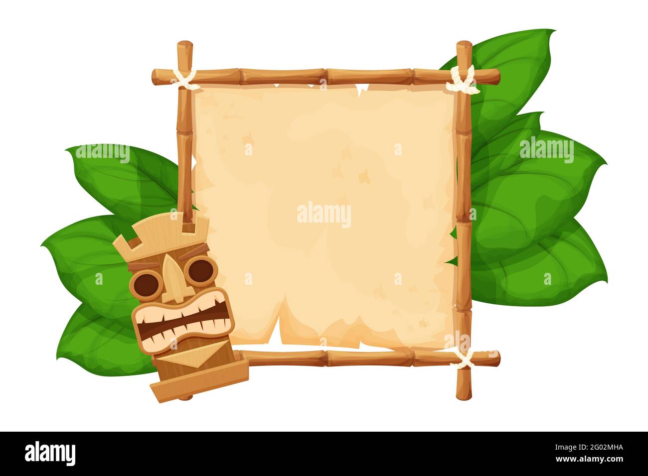 Maschera tribale hawaiana Tiki, statuetta con volto umano su cornice di bambù con pergamena in stile cartoon decorata esotica, foglie di palma isolate su sfondo bianco. Dio dall'antica cultura delle Hawaii. . Illustrazione vettoriale Illustrazione Vettoriale