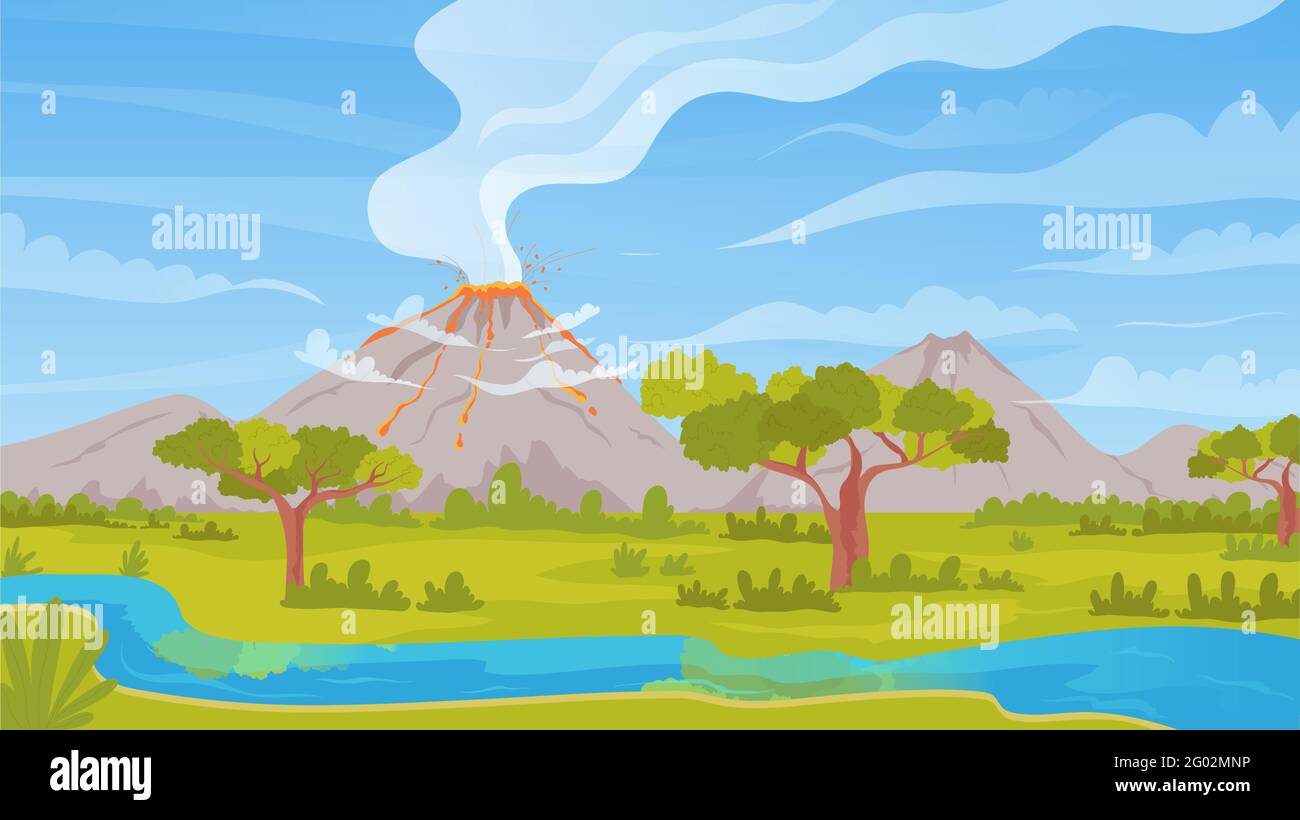 Vulcano attivo eruzione tropicale natura paesaggio illustrazione vettore. Scenario di montagna Cartoon disastro naturale con fontana di lava, nuvole di cenere vulcanica calda, fuoco e sfondo di fumo Illustrazione Vettoriale