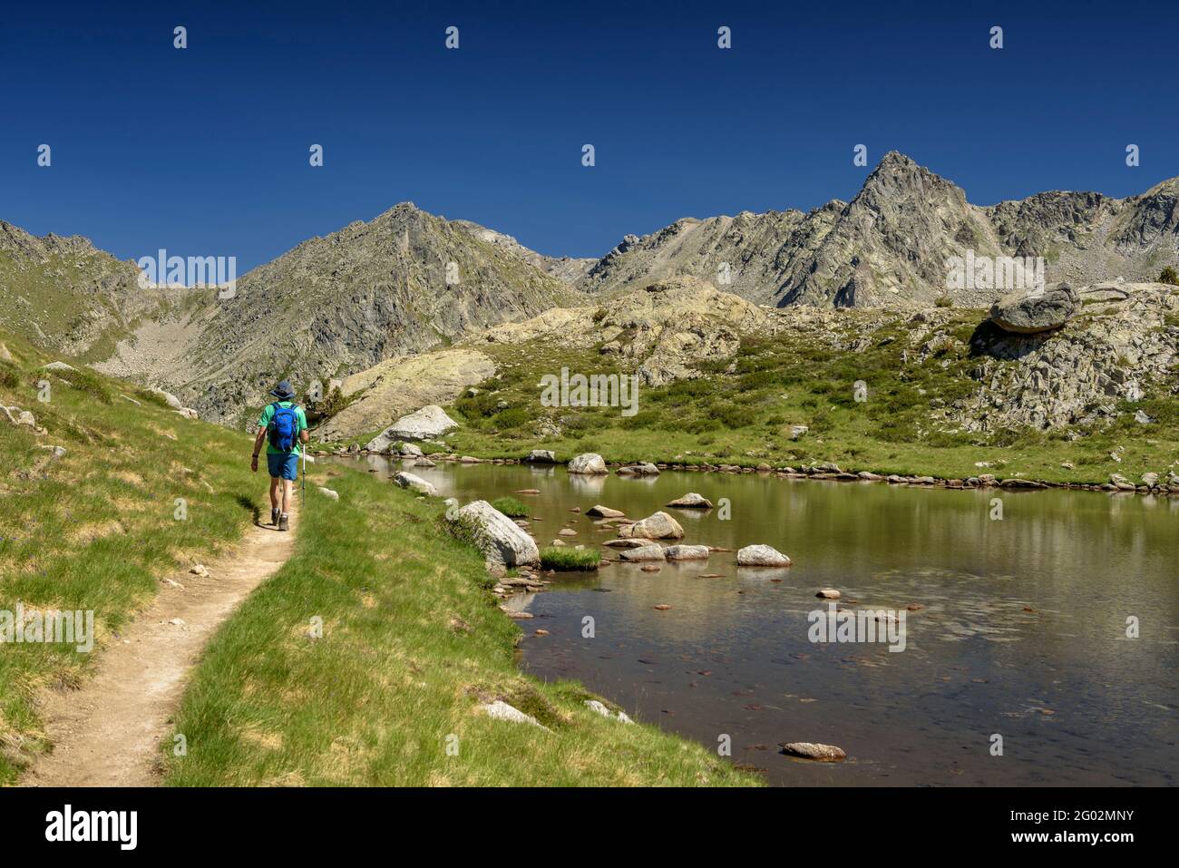 Valle di Peguera vista dal lago Estany Gran de Peguera (Parco Nazionale Aigüestortes i Estany de Sant Maurici, Catalogna, Spagna, Pirenei) Foto Stock