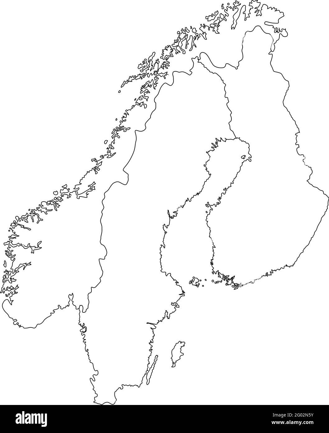 Illustrazione vettoriale con mappa semplificata degli stati scandinavi europei (Finlandia, Norvegia, Svezia). Silhouette bianche, profilo nero e sfondo Illustrazione Vettoriale