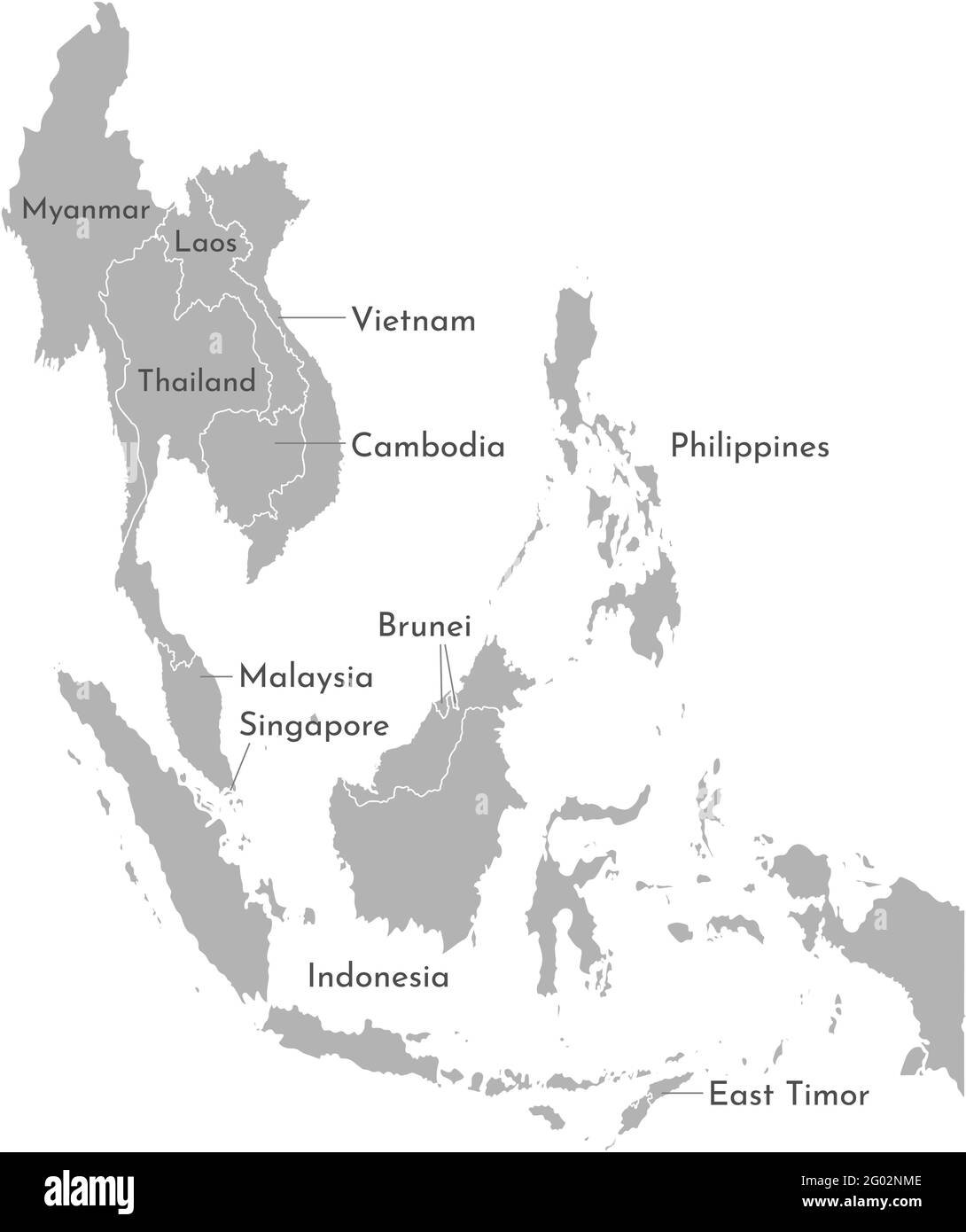 Illustrazione vettoriale con mappa semplificata dei paesi asiatici. Regione sud-est. Stati confinanti con Myanmar, Brunei, Indonesia, Vietnam, Cambogia, Malay Illustrazione Vettoriale