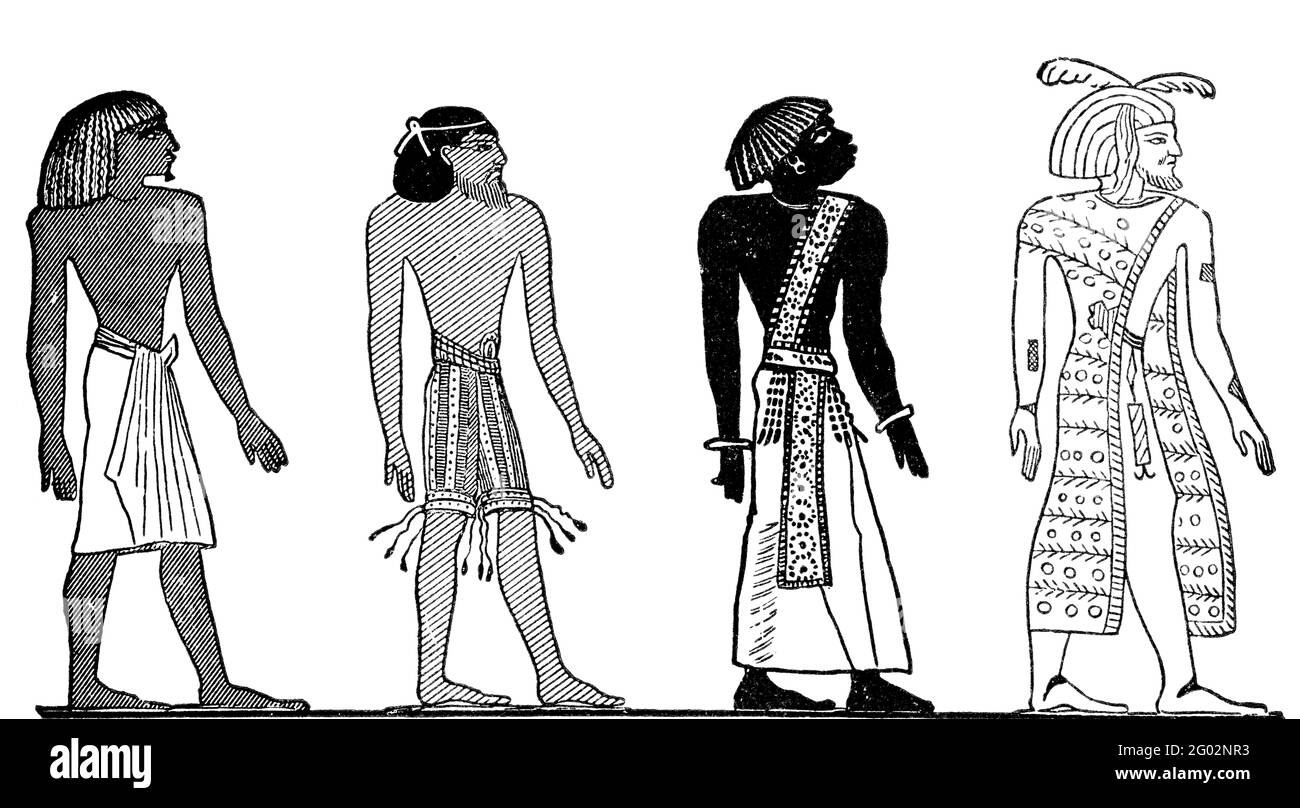 Un'antica illustrazione d'annata incisa che mostra le quattro razze di uomini, come raffigurato da antiche geroglifici egiziani della XIX dinastia nel 1500 a.c., da un Foto Stock