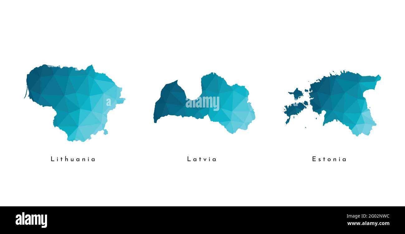 Icona di illustrazione isolata vettoriale con mappe blu semplificate degli stati baltici - Estonia, Lettonia, Lituania. Stile geometrico triangolare poligonale. Bianco Illustrazione Vettoriale