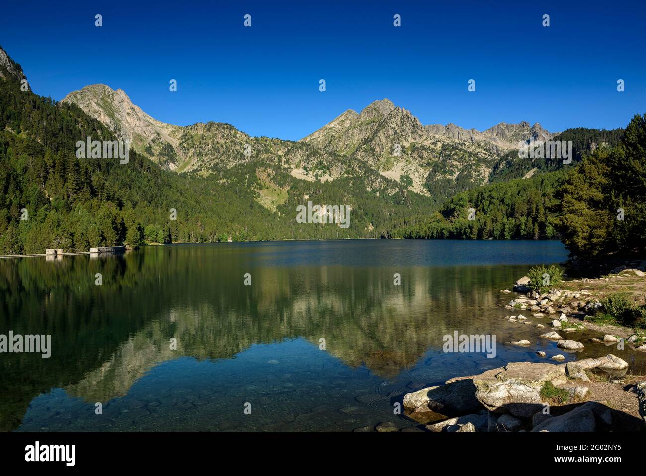 Lago di Sant Maurici in estate (Parco Nazionale di Aigüestortes, Catalogna, Pirenei, Spagna) ESP: Lago di Sant Maurici en verano PN Aigüestortes Sant Maurici Foto Stock