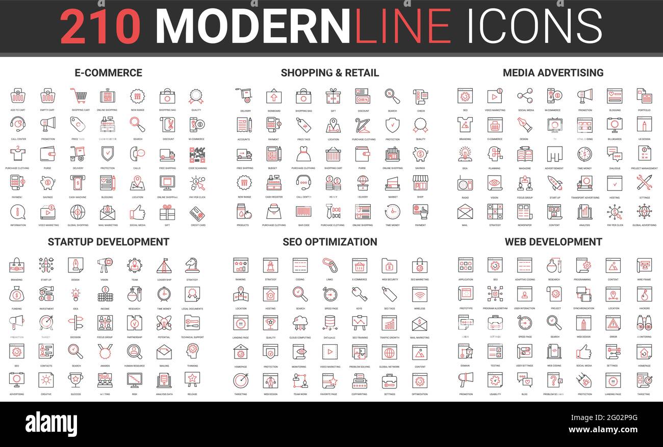 ECommerce shopping online e retail, pubblicità di media digitali per il business startup line set di illustrazioni vettoriali. Rosso nero sottile simboli lineari di ottimizzazione sito web seo, sviluppo web Illustrazione Vettoriale