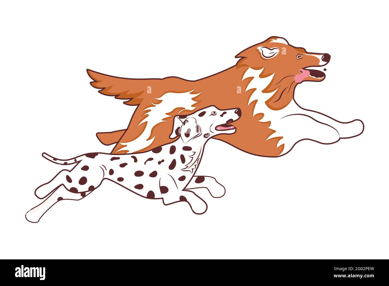 Cani carini che saltano per prendere un disco volante. Dalmazia e collie sano e sportivo doggy sta giocando frisbee isolato su sfondo bianco. Art. Piatta Vect Illustrazione Vettoriale