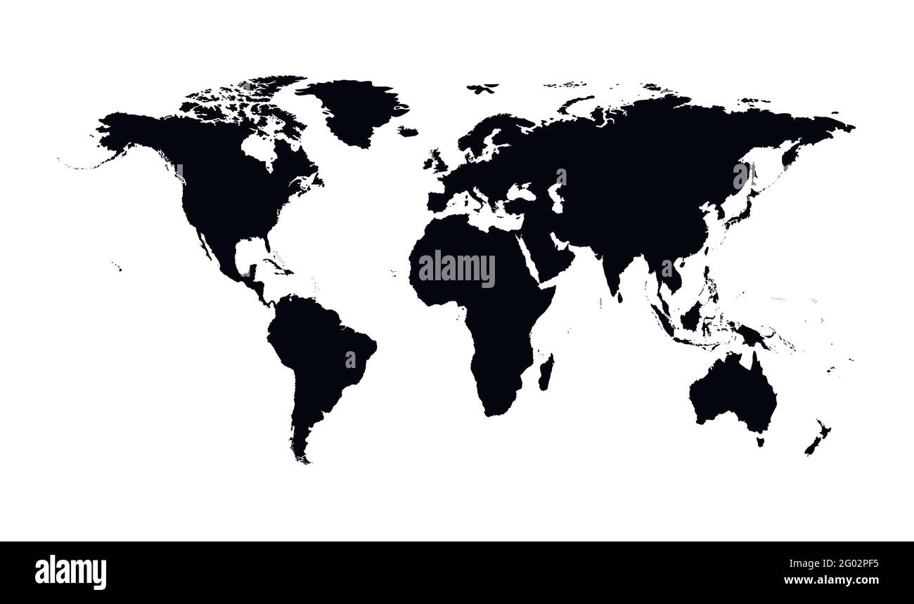 Mappa mondiale semplificata isolata da vettori. Silhouette nere, sfondo bianco. Continenti del Sud e del Nord America, Africa, Europa e Asia, Australia, Illustrazione Vettoriale