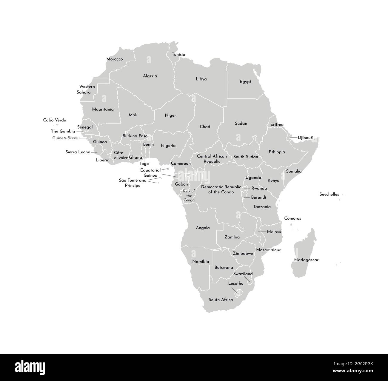 Vettore isolato illustrazione con continente africano con frontiere e nomi di tutti gli stati. Mappa politica. Sfondo bianco e contorni, forme grigie. Illustrazione Vettoriale