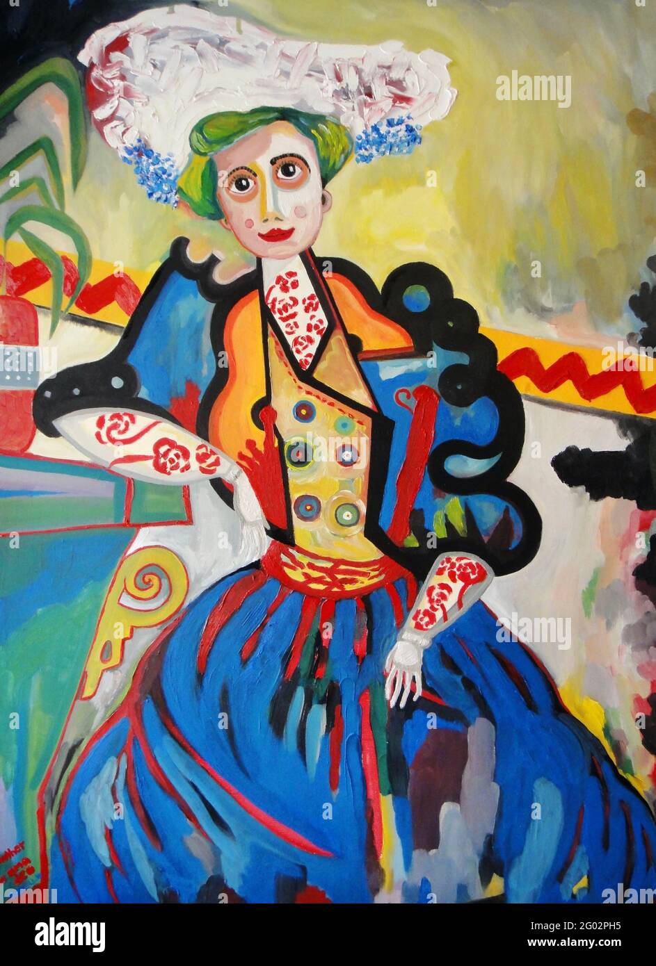 Amadeo de Souza-Cardoso artwork - The Woman - A Muhler - donna molto colorata che sembra divertente con. Foto Stock