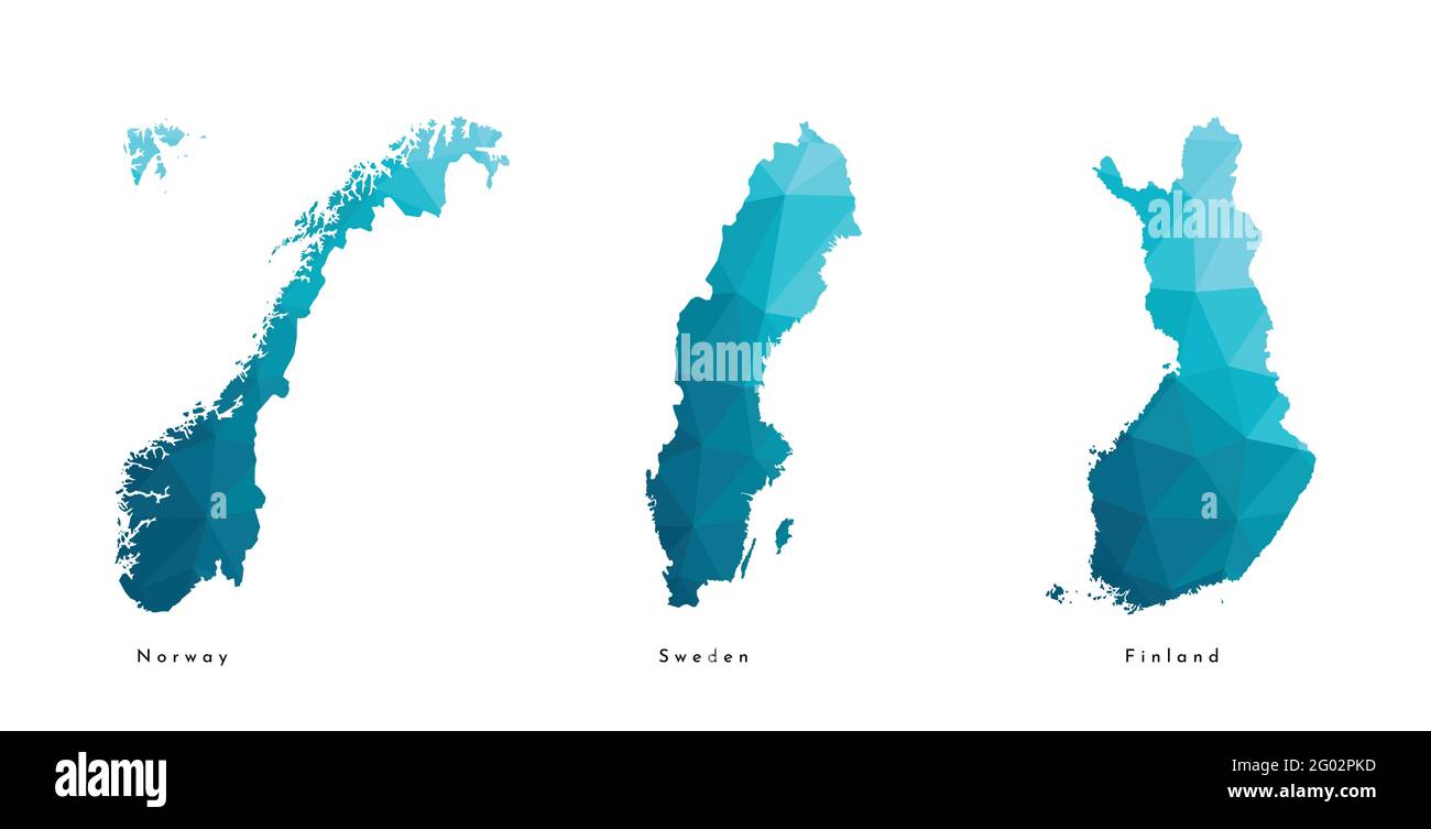 Icona vettoriale isolata con mappe blu semplificate degli stati dell'europa settentrionale - Norvegia, Finlandia, Svezia. Stile geometrico poligonale, triangolare Illustrazione Vettoriale