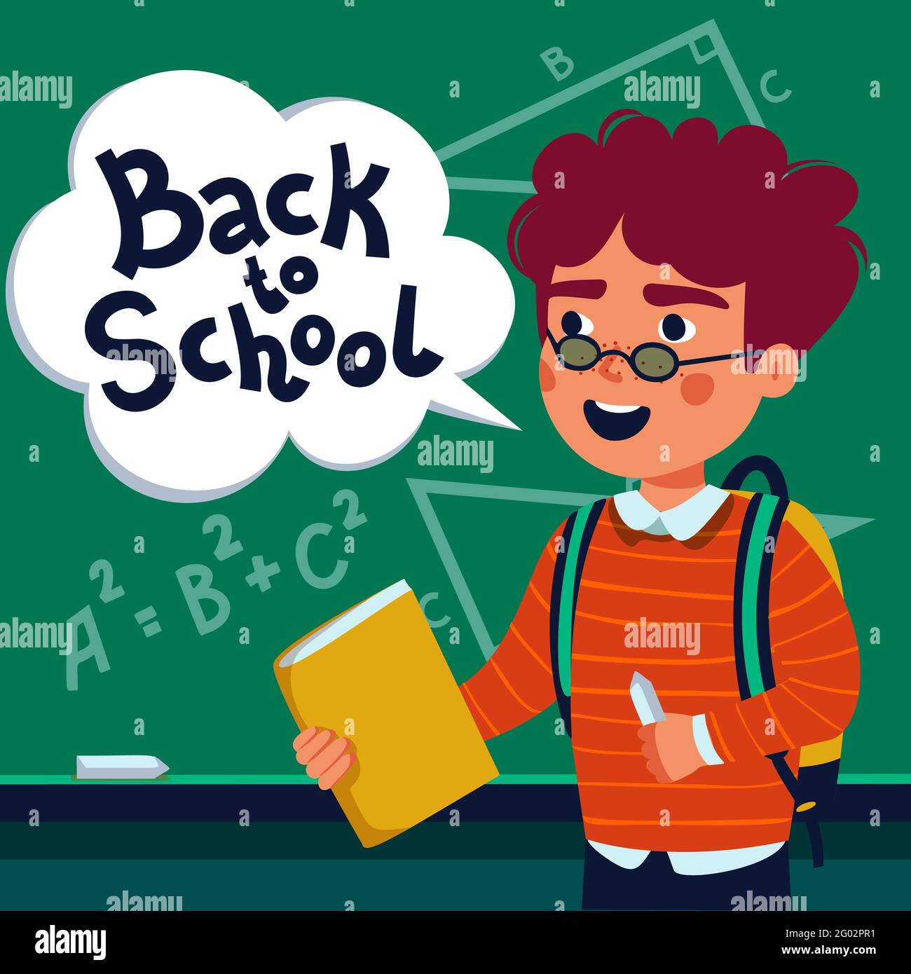 Ragazzo allievo di fronte alla lavagna. Felice bambino che tiene libro e bolla di parola con il testo di ritorno alla scuola. Illustrazione vettoriale di stile piatto Illustrazione Vettoriale