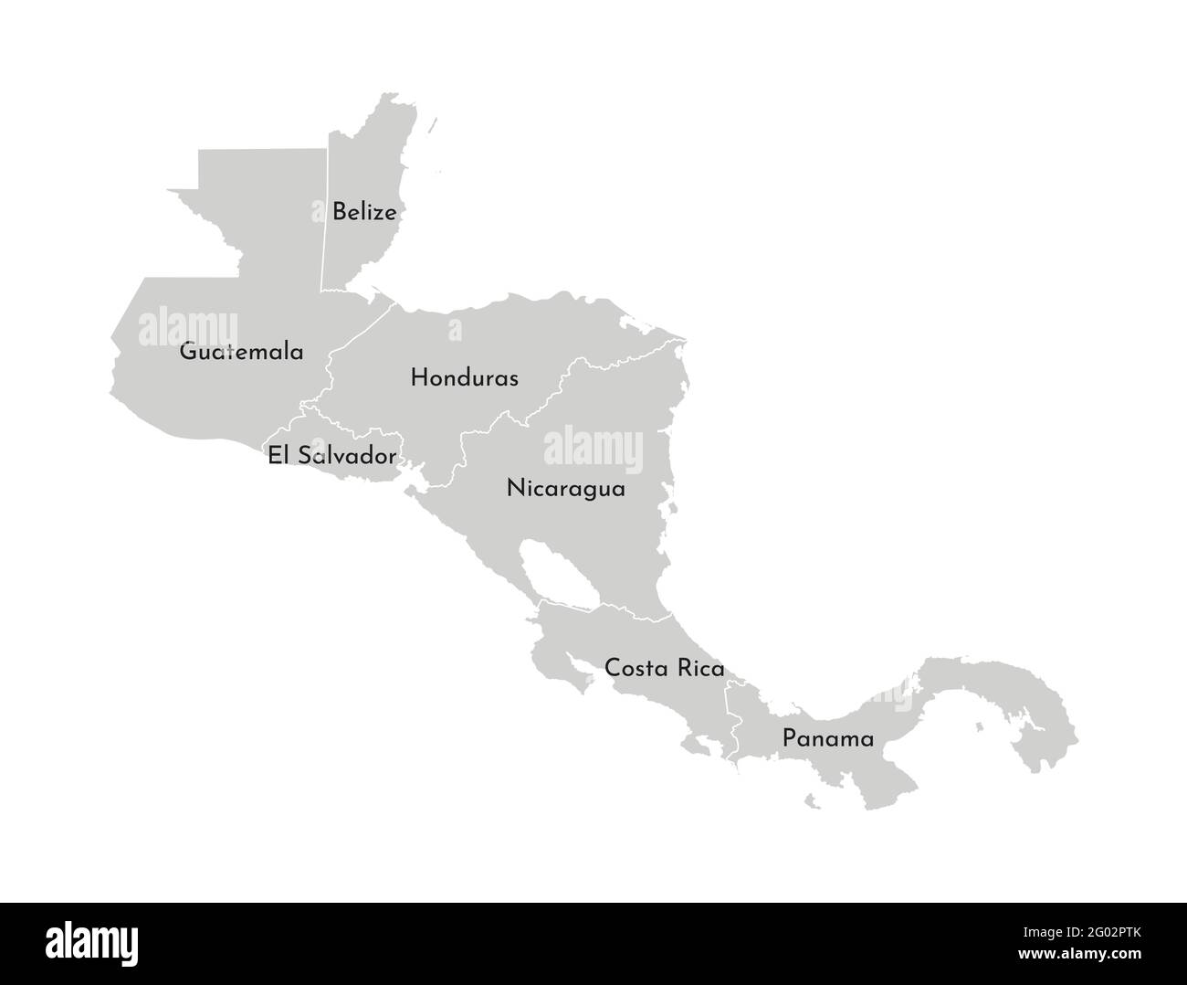 Illustrazione vettoriale con mappa semplificata della regione dell'America centrale. Silhouette grigie, contorno bianco dei confini degli stati. Illustrazione Vettoriale