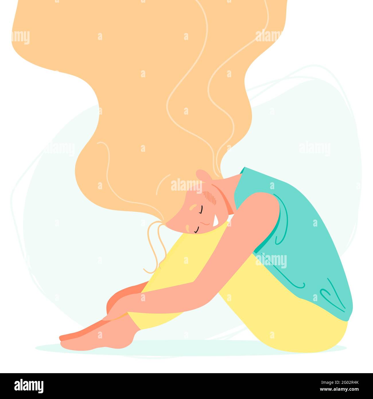 Donna felice con i capelli di streaming si siede sul pavimento. Corpo positivo e concetto di assistenza sanitaria. Illustrazione vettoriale in stile cartoon piano Illustrazione Vettoriale