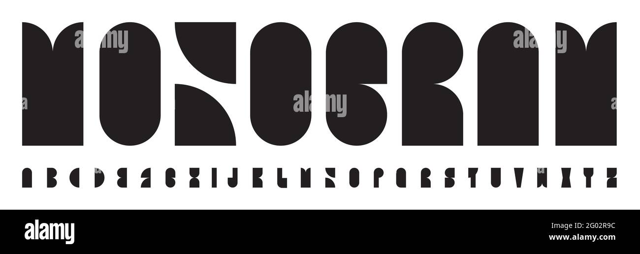 Carattere del logo monogramma astratto alfabeto bauhaus. Caratteri neri geometrici per logo, titolo, scritta creativa in brochure, libro, poster Illustrazione Vettoriale