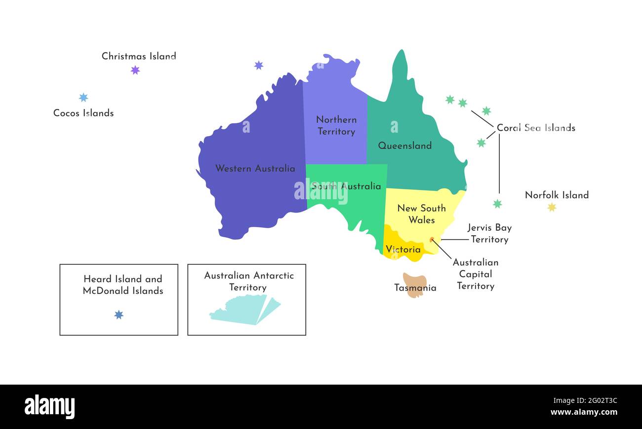 Vettore isolato illustrazione della mappa amministrativa semplificata dell'Australia. Frontiere e nomi delle regioni. Silhouette multicolore. Illustrazione Vettoriale