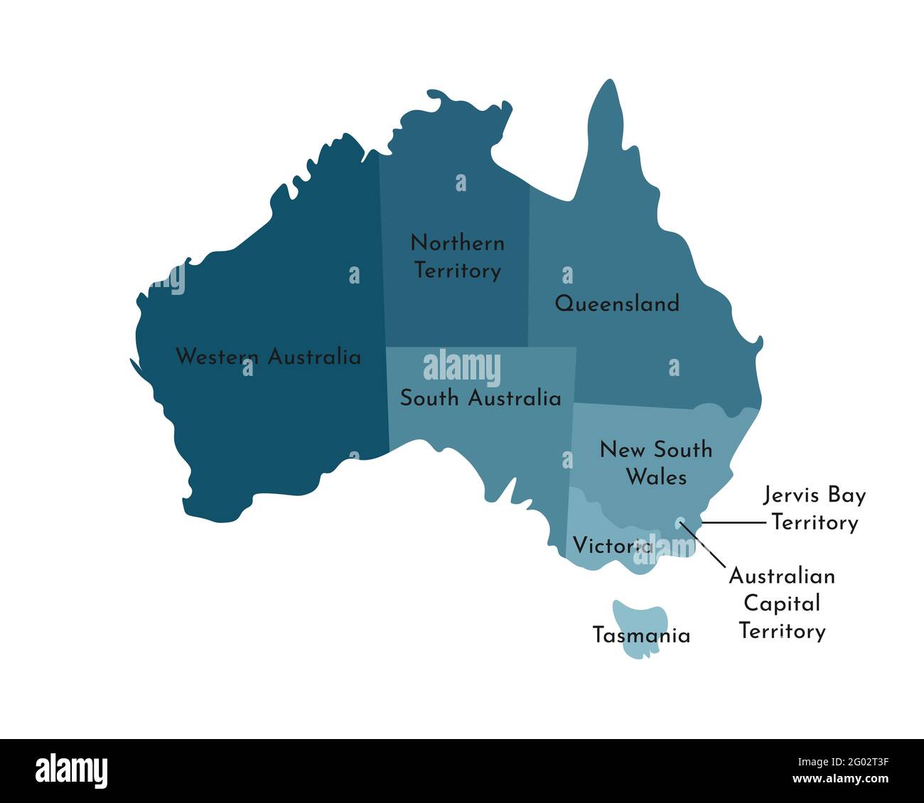 Vettore isolato illustrazione della mappa amministrativa semplificata dell'Australia. Frontiere e nomi delle regioni, compresi solo i territori più vicini. Colore Illustrazione Vettoriale