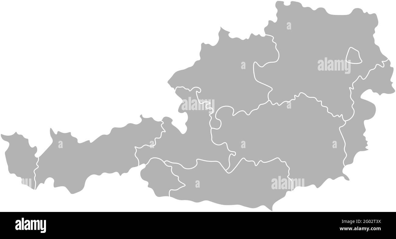 Vettore isolato illustrazione della mappa amministrativa semplificata dell'Austria. Confini delle province (regioni). Sagome grigie. Contorno bianco. Illustrazione Vettoriale