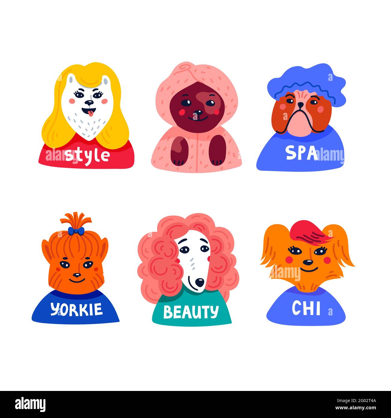 Salone di bellezza per cani. Simpatico personaggio dei cuccioli nella spa. Cura del cane, cura del corpo, igiene, salute. Negozio di animali, accessori. Illustrazione vettoriale di stile piatto Illustrazione Vettoriale