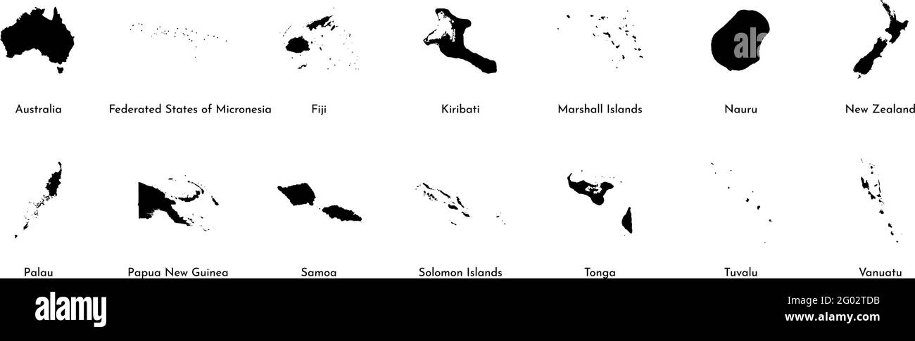 Illustrazione nera vettoriale con mappe semplificate di tutti gli stati dell'Oceania (paesi: Australia, Micronesia, Figi, Isole Marshall e altri). Illustrazione Vettoriale