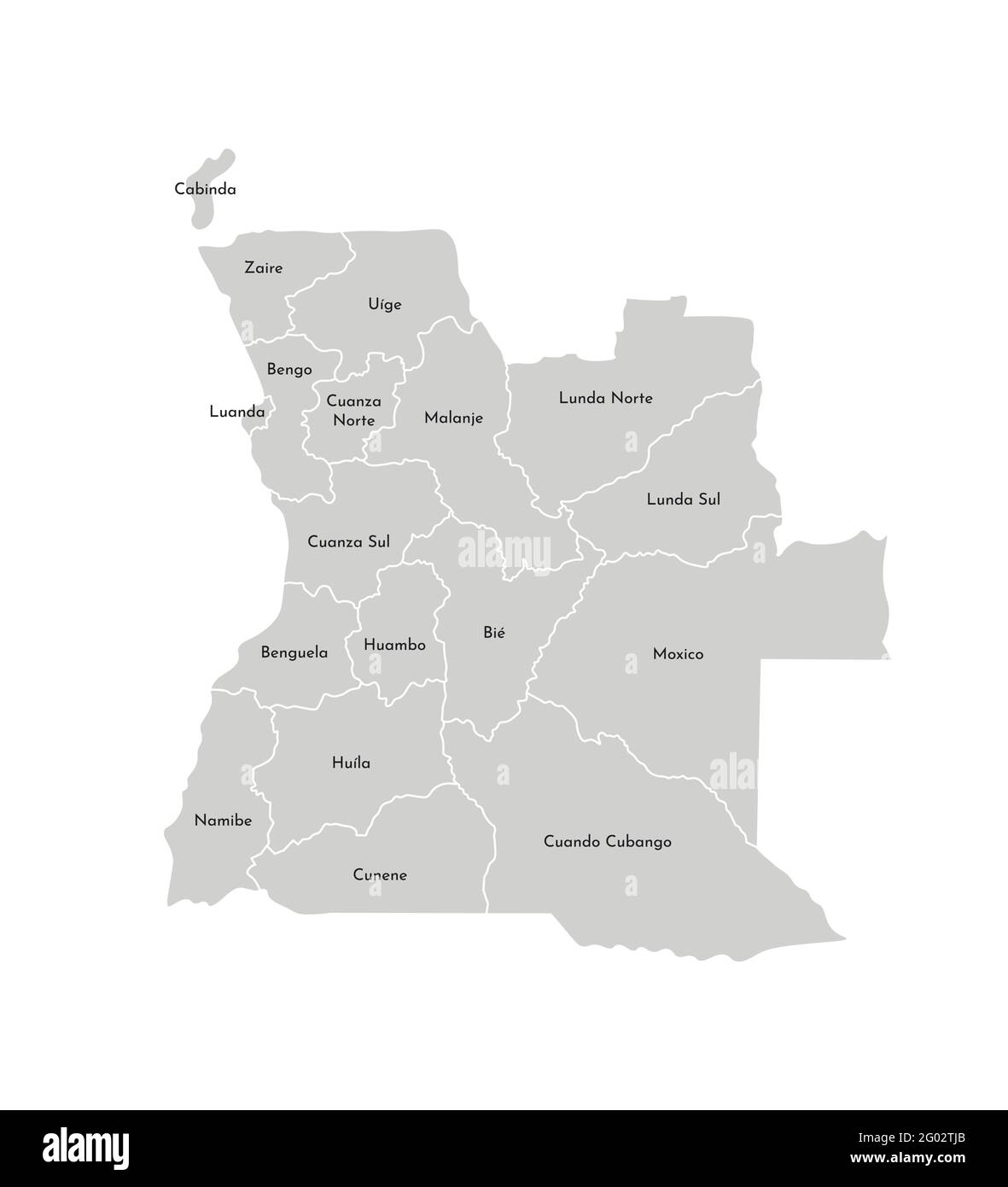 Vettore isolato illustrazione della mappa amministrativa semplificata dell'Angola. Frontiere e nomi delle province (regioni). Sagome grigie. Contorno bianco Illustrazione Vettoriale