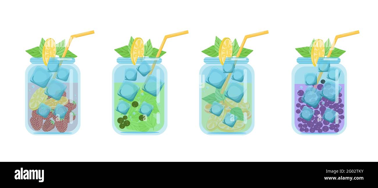 Cocktail drink. Set di cocktail di frutta succosa in vasetti di vetro, illustrazione vettoriale in stile piatto, isolato, cartone animato Illustrazione Vettoriale