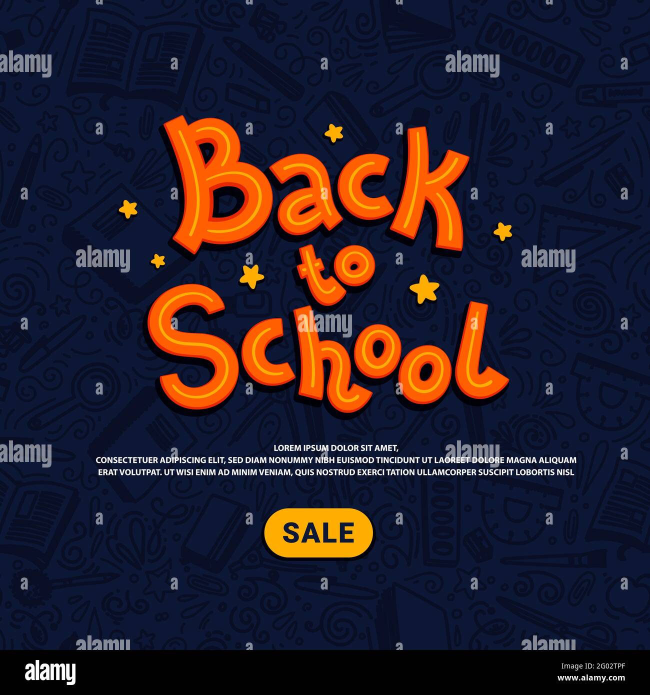 Modello di vendita di ritorno a scuola. Acquisto online di forniture scolastiche. Illustrazione vettoriale in stile doodle. Illustrazione Vettoriale